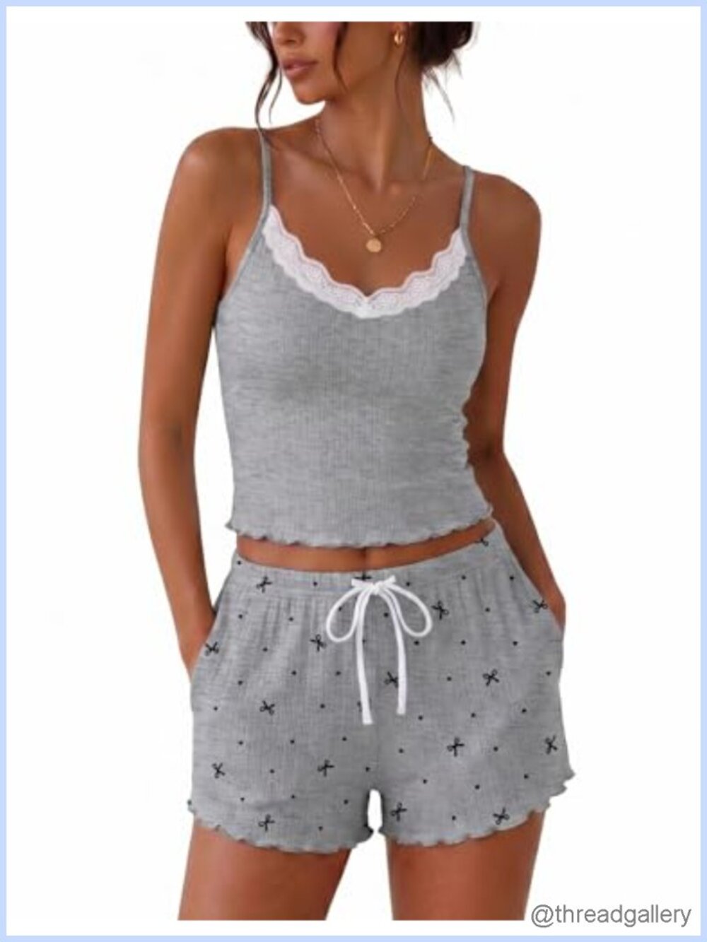 Lace Cami Pajama Set 2 Piece Shorts with Pockets Adjustable V-Neck